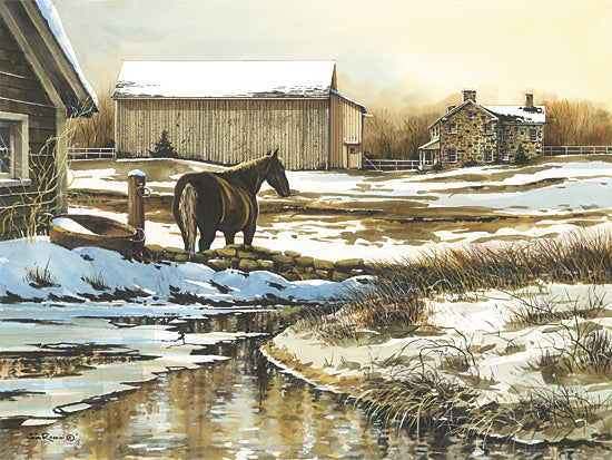 John Rossini JR457 - JR457 - Looking Back - 16x12 snowy farm scene, brown horse, rustic barn, winter countryside, frozen stream, farmhouse art, pastoral landscape from Penny Lane