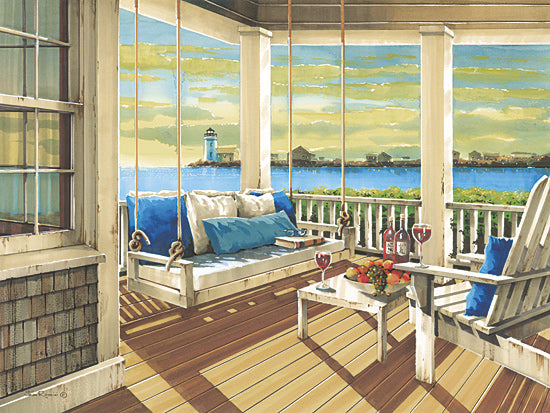 John Rossini JR466 - JR466 - Sunset Conversations - 16x12 porch swing, wine glasses, lighthouse, water view, coastal porch, cushions, fruits and wine, summer relaxation, waterfront home, vibrant colors from Penny Lane
