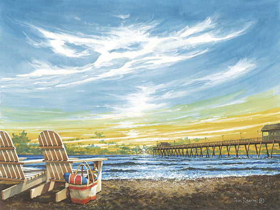 John Rossini JR467 - JR467 - Sunset by the Pier - 16x12 beach chairs, pier, morning sky, coastal sunrise, tranquil beach, ocean waves, horizon, summer getaway, pastel sky, peaceful seascape from Penny Lane