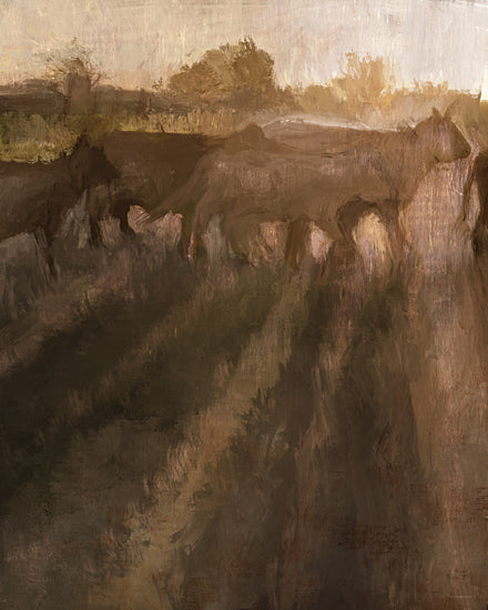 Kamdon Kreations KAM1010 - KAM1010 - Follow the Leader - 12x16 cows, pasture, sunlight, warm shadows, dusk, rural scene, impressionistic brush strokes, grazing animals, natural setting, farm life from Penny Lane