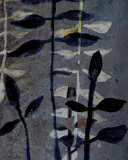 Kamdon Kreations KAM1041 - KAM1041 - Thoughts at Midnight - 12x16 abstract botanical stems, layered leaves, mixed media texture, moody blue gray palette, modern nature art, contemporary abstract, plant silhouettes, organic pattern, neutral decor, painterly background, minimalist botanical, calming wall art from Penny Lane