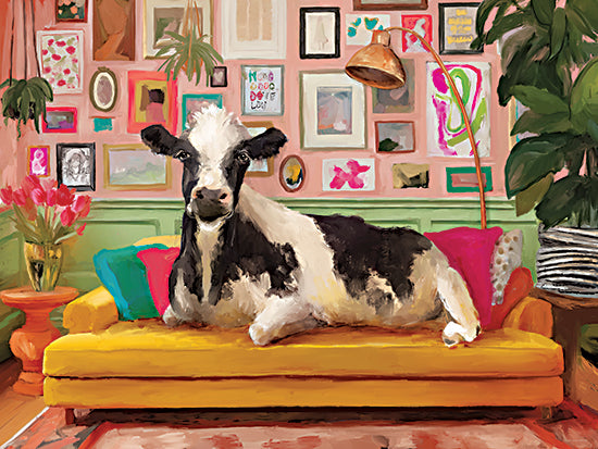Kamdon Kreations KAM1049 - KAM1049 - I Don't Want to Mooooove - 16x12 cow on couch, modern farmhouse style, humorous farm animal indoors, eclectic interior, colorful home decor, whimsical cow art from Penny Lane