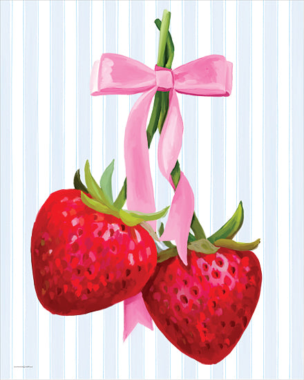 Kamdon Kreations KAM1079 - KAM1079 - Bows and Berries     - 12x16 twin strawberries, pink bow, vibrant fruit painting, striped background, sweet produce art, kitchen decor from Penny Lane