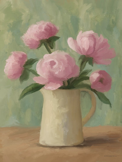 Kamdon Kreations KAM1103 - KAM1103 - Peonies on Vacation - 12x16 peony bouquet painting, pink flowers in ceramic pitcher, still life floral art, soft background, pastel tones, charming home decor art, delicate petals, feminine interior artwork from Penny Lane