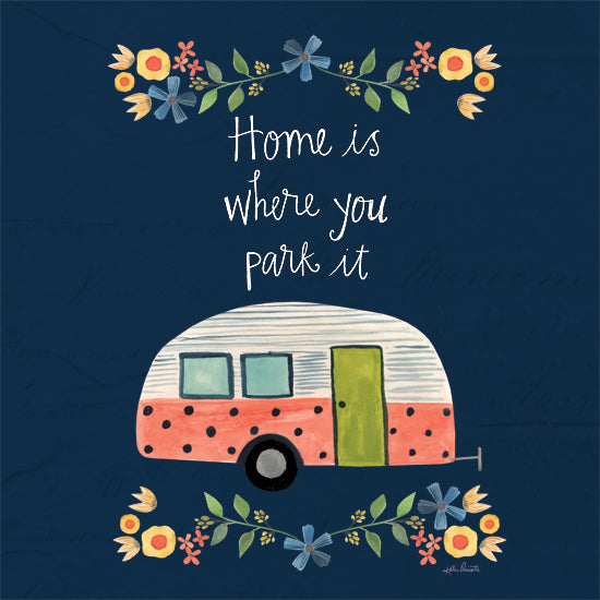 Katie Doucette KD253 - KD253 - Home is Where you Park It - 12x12 home is where you park it, pink camper trailer, floral garland border, whimsical typography, navy blue background, playful rv art, retro camping decor, folk art style, cheerful travel sign, colorful hand-painted lettering from Penny Lane