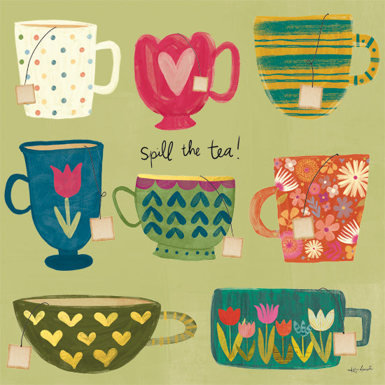 Katie Doucette KD263 - KD263 - Spill the Tea - 12x12 spill the tea, assorted colorful teacups, playful hand lettering, lime green background, patterned mugs, bright kitchen art, whimsical tea party illustration, cheerful beverage decor, modern folk style, fun word art from Penny Lane