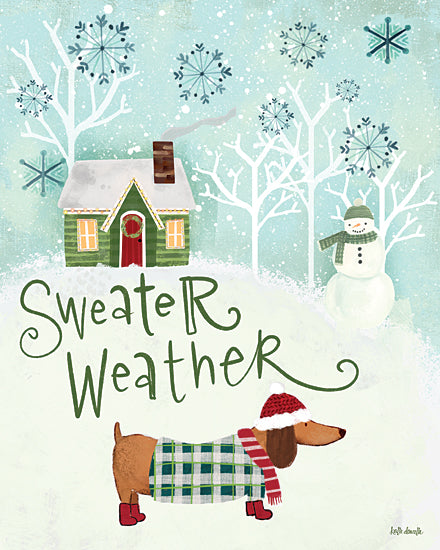 Katie Doucette KD266 - KD266 - Sweater Weather - 12x16 sweater weather, dachshund in scarf and boots, snowy cottage, snowflakes, winter quote, whimsical dog art, mint green seasonal palette, cozy holiday feel, playful folk art, cold weather word art from Penny Lane