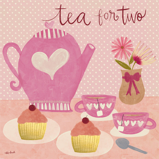 Katie Doucette KD269 - KD269 - Tea for Two - 12x12 pink teapot, heart motif, cupcakes, tea cups, polka dot background, romantic setting, whimsical illustration, floral vase, spoon from Penny Lane