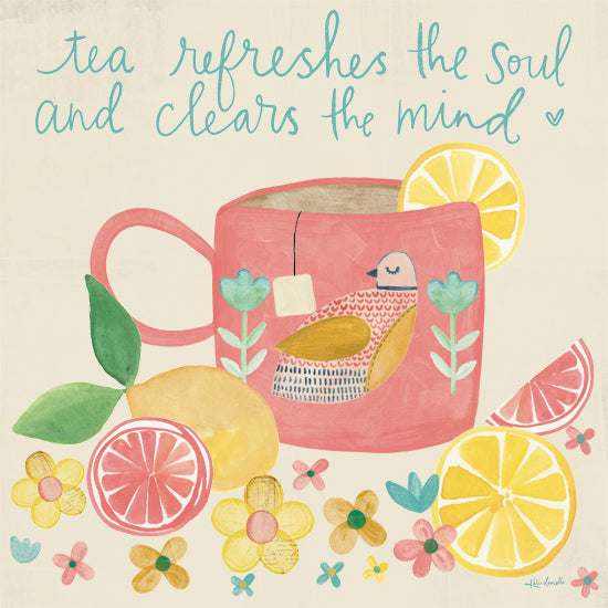 Katie Doucette KD273 - KD273 - Tea Refreshes the Soul and Clears the Mind - 12x12 tea refreshes the soul and clears the mind, pink teacup with bird, lemons and citrus slices, floral accents, uplifting tea quote, bright feminine palette, whimsical kitchen art, hand-lettered typography, refreshing beverage theme, cheerful folk art from Penny Lane