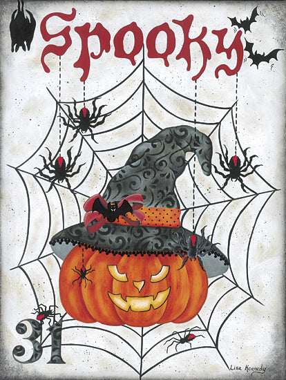 Lisa Kennedy KEN1333 - KEN1333 - Spooky Pumpkin - 12x16 jack-o-lantern, Halloween hat, spiders, web, bats, spooky text, Halloween theme, trick or treat, orange pumpkin, seasonal decor from Penny Lane