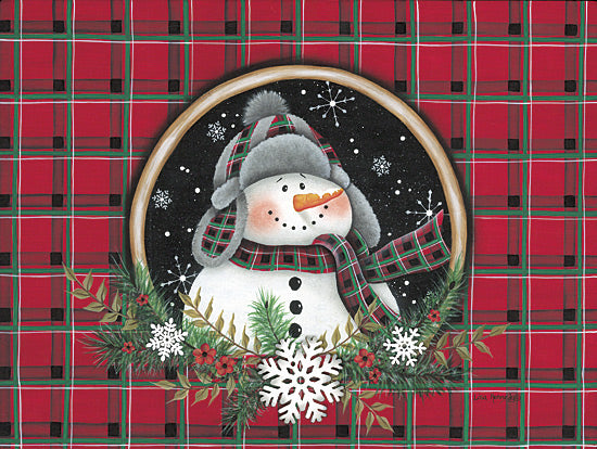 Lisa Kennedy KEN1336 - KEN1336 - Snowflake Snowman Portrait - 16x12 Snowman, winter hat, plaid pattern, carrot nose, snowflakes, Christmas decor, pine branches, holiday greenery, seasonal art, Lisa Kennedy from Penny Lane