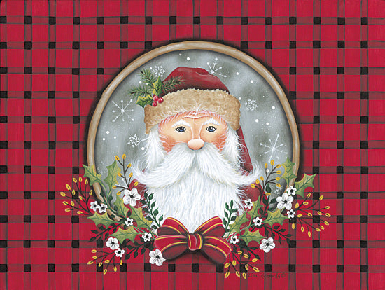 Lisa Kennedy KEN1338 - KEN1338 - Primitive Santa Portrait - 16x12 Santa Claus, white beard, red hat, Christmas floral decor, plaid background, holly leaves, berries, snowflakes, holiday cheer, Lisa Kennedy from Penny Lane