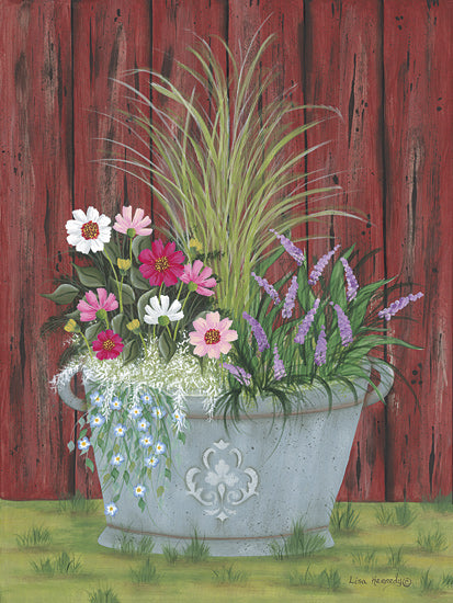 Lisa Kennedy KEN1340 - KEN1340 - Tub of Flowers - 12x16 colorful floral arrangement, pink and white flowers, lush green leaves, rustic red background, country garden from Penny Lane