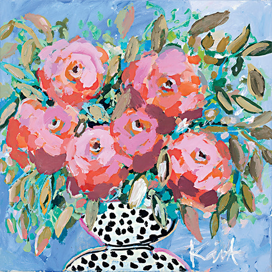 Kait Roberts KR696 - KR696 - Flowers for Bonnie - 12x12 coral and pink roses, spotted black and white vase, blue background, floral arrangement, loose painterly style, expressive brushwork, contemporary floral art, decorative bouquet, still life painting, feminine palette, soft leaves, modern cottage feel, whimsical florals from Penny Lane