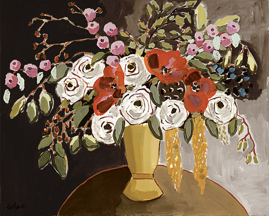 Kait Roberts KR899 - KR899 - Devoted to You - 16x12 red and white flowers, gold vase, dark moody background, berry branches, dramatic floral arrangement, painterly still life, contemporary bouquet, rich earthy tones, elegant florals, decorative art, expressive brush strokes, moody floral painting, feminine yet sophisticated from Penny Lane