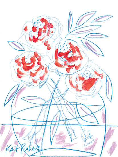 Kait Roberts KR920 - KR920 - Catch the Light - 12x16 single rose arrangement, pink rose, berry stems, faceted glass vase, minimalist floral art, modern botanical line drawing, monochrome pink palette, delicate bouquet, feminine decor, airy still life, simple elegant composition, contemporary flower illustration, romantic bloom, hand sketched leaves, soft blush artwork, minimal wall art from Penny Lane
