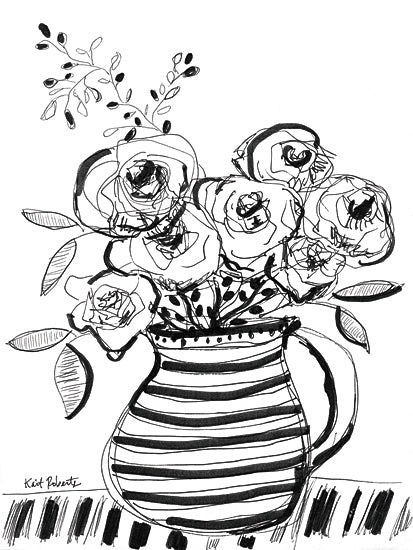 Kait Roberts KR924 - KR924 - Live a Little - 12x16 line drawing bouquet, jar vase, wildflower arrangement, roses and daisies, black pen sketch, minimalist floral art, airy botanical illustration, contemporary still life, hand drawn stems, neutral floral decor, simple elegant composition, loose linework, modern wall art, casual garden bouquet, sketch style flowers, understated feminine art from Penny Lane