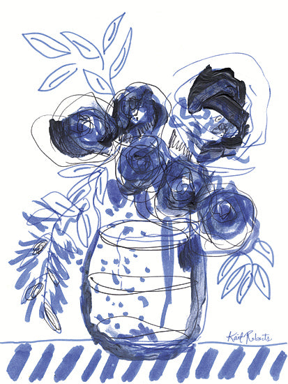 Kait Roberts KR930 - KR930 - Blue Blooms I - 12x16 blue floral bouquet, spotted jar vase, striped tabletop, monochromatic blue art, whimsical roses, loose line drawing, modern floral still life, hand drawn leaves, painterly blue petals, contemporary botanical print, decorative vase arrangement, casual elegant composition, feminine wall art, ink and wash style, cheerful floral illustration, tabletop bouquet artwork from Penny Lane