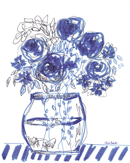 Kait Roberts KR931 - KR931 - Blue Blooms II - 12x16 blue roses bouquet, fishbowl vase, floral arrangement, monochromatic blue palette, modern botanical art, hand drawn flowers, whimsical still life, loose painterly petals, contemporary floral print, elegant vase bouquet, decorative wall decor, sketchy linework, feminine artwork, blue flower illustration, striped tabletop accents, expressive bouquet composition from Penny Lane