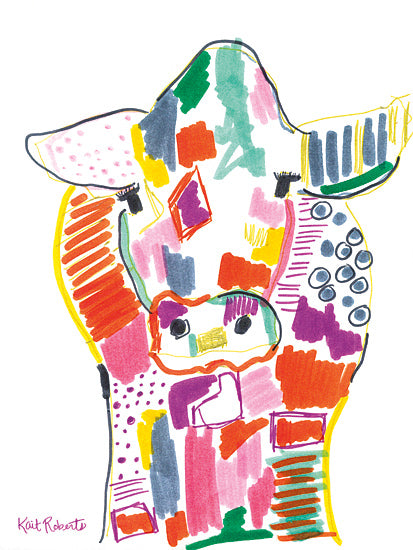Kait Roberts KR933 - KR933 - Her Name is Pickle - 12x16 colorful patchwork cow, abstract farm animal, whimsical bovine art, bright geometric spots, modern folk style, playful livestock illustration, pink orange green and purple palette, decorative animal print, contemporary cow artwork, hand drawn outlines, cheerful farmhouse decor, quirky cattle portrait, patterned body design, bold mixed media look, feminine farm art, stylized cow figure from Penny Lane