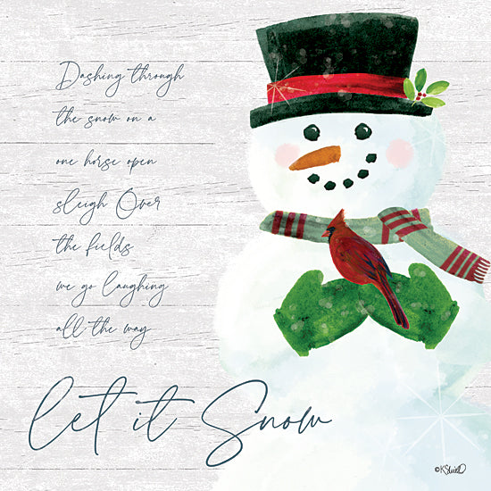 Kate Sherrill KS232 - KS232 - Let It Snow Snowman - 12x12 snowman illustration, cardinal bird, winter scarf, snowflakes, handwritten text, festive snow scene, let it snow quote from Penny Lane