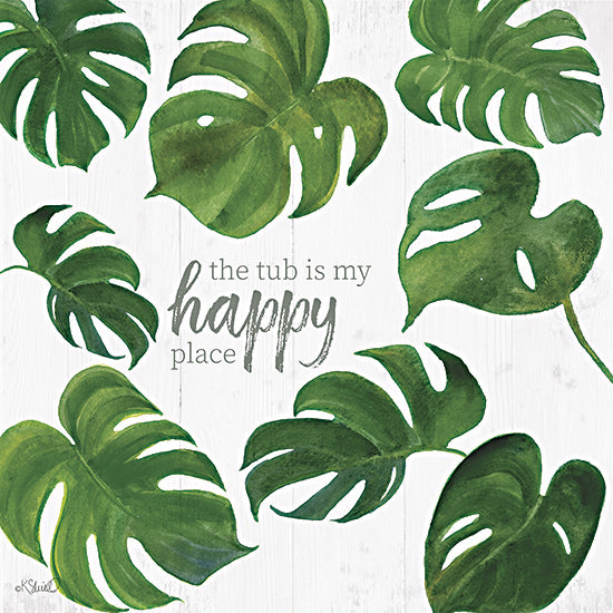 Kate Sherrill KS282 - KS282 - The Tub is My Happy Place - 12x12 Monstera leaves, tropical foliage, green plant pattern, happy place quote, bath decor, modern leaf design, white wood background, KShull from Penny Lane