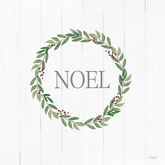 Kate Sherrill KS289 - KS289 - Noel Wreath - 12x12 NOEL text, Christmas wreath, green leaves, red berries, white wood background, simple holiday design, festive decor, KShull from Penny Lane