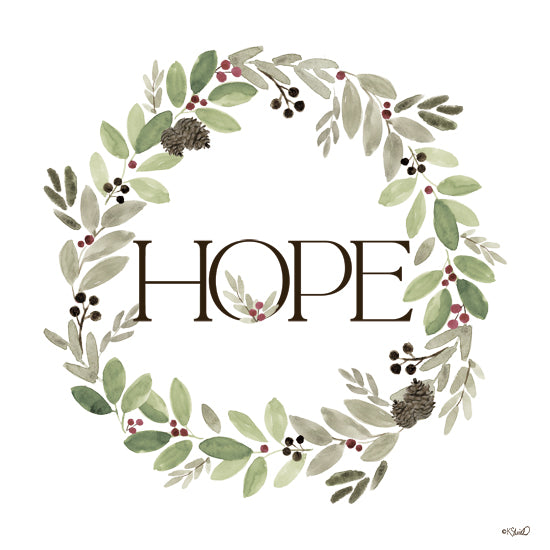 Kate Sherrill KS299 - KS299 - Hope Wreath - 12x12 wreath with green leaves, berries, pinecones, watercolor style, holiday decoration, hope message from Penny Lane