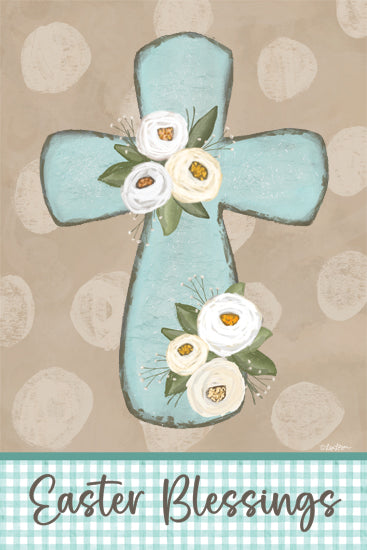 Lisa Larson LAR679 - LAR679 - Easter Blessings - 12x18 Easter blessings, pastel cross, floral arrangement, mint green cross, soft polka dots, gingham border, faith-based design from Penny Lane