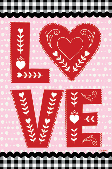 Lisa Larson LAR685 - LAR685 - Love - 12x18 LOVE in red and pink, Scandinavian heart motifs, folk design, dotted background, gingham check border, decorative type from Penny Lane