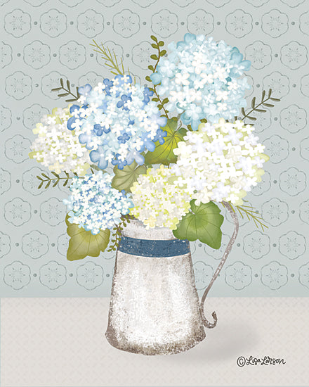 Lisa Larson LAR693 - LAR693 - Pitcher Perfect - 12x16 hydrangea bouquet, floral arrangement, rustic pitcher vase, botanical art, blue and white flowers, vintage style decor, country home aesthetic from Penny Lane