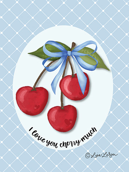 Lisa Larson LAR697 - LAR697 - I Love You Cherry Much - 12x16 cherries with blue bow, oval label, i love you cherry much, pun quote, hearts pattern, cute fruit, valentine theme, kitchen decor, typography from Penny Lane
