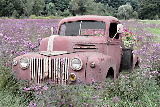 Lori Deiter LD2156 - LD2156 - Country Girls Drive Trucks   - 18x12 pink antique truck, floral pickup display, wildflower field, rustic charm, countryside nostalgia, overgrown nature scene, farmhouse vintage style from Penny Lane