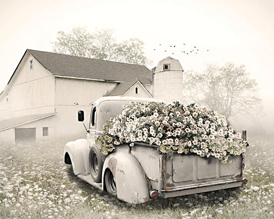 Lori Deiter LD2887 - LD2887 - Old Gray Flower Truck - 16x12 white vintage truck, back view, bed overflowing with flowers, foggy barn, soft neutral palette, spring meadow, country landscape, farmhouse style, rustic transportation, floral farm decor, painterly art from Penny Lane