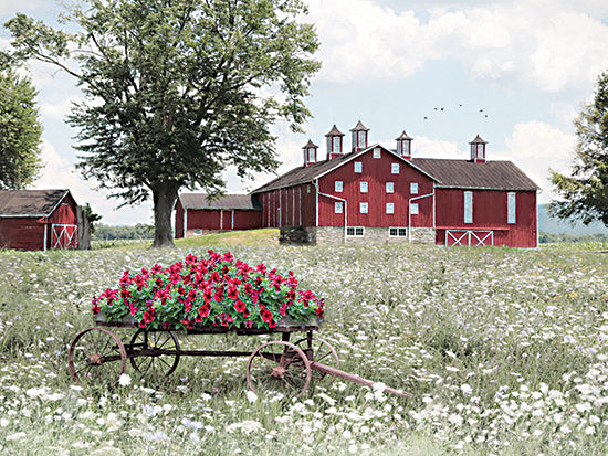 Lori Deiter LD3105 - LD3105 - Old Milton Farm - 16x12 springtime farm, blooming flowers, red barns, green fields, flowering wagon, clear sky, pastoral beauty, traditional barns, landscape, wildflowers from Penny Lane