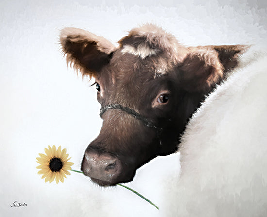 Lori Deiter LD3383 - LD3383 - Don't Eat the Flowers   - 16x12 farm cow, brown and white cow, holding sunflower, whimsical farm animal art, rustic farmhouse decor from Penny Lane