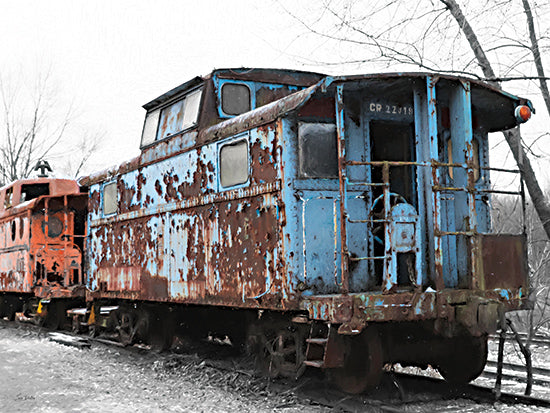 Lori Deiter LD3526 - LD3526 - Rustic Train Cars - 16x12 rusted caboose, abandoned train car, vintage railroad, decaying metal, nature reclaiming, Canadian Pacific, industrial history, winter landscape, blue and red paint, railroad photography from Penny Lane