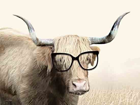 Lori Deiter LD3556 - LD3556 - Smart Looking Highland - 16x12 highland cow, long horns, animal wearing glasses, humorous livestock, farm animal with personality, quirky animal portrait, furry cow, comical, digital art from Penny Lane