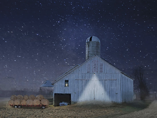 Lori Deiter LD3597 - LD3597 - Starry Country Night   - 16x12 barn at night, white barn, hay bales, starry sky, rural farm, spotlight, night photography, peaceful countryside, farm life, galaxy view from Penny Lane