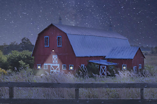 Lori Deiter LD3598 - LD3598 - Night in the Country   - 18x12 red barn, night sky, rural scene, star-filled sky, farm at night, illuminated barn, barn windows glowing, countryside charm from Penny Lane