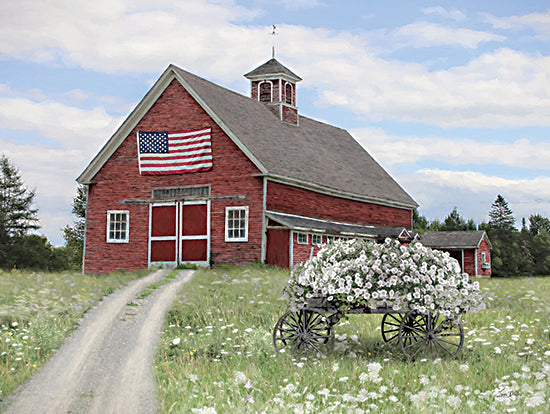 Lori Deiter LD3601 - LD3601 - Summer Day in July - 16x12 patriotic barn, American flag, red barn, country farm, white flowers in wagon, summer field, heritage and pride from Penny Lane