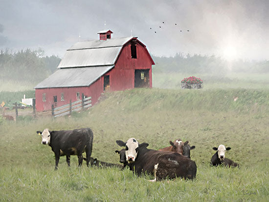 Lori Deiter LD3640 - LD3640 - Pennsylvania Dairy Farm - 16x12 red barn, black cows, green pasture, misty morning, farm field, flower cart, countryside landscape, overcast sky from Penny Lane