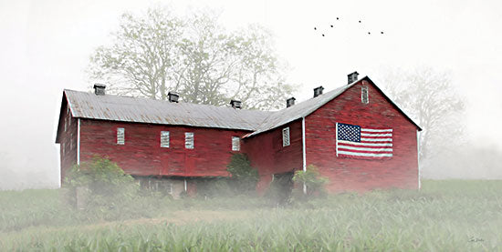 Lori Deiter LD3641 - LD3641 - Historic Patriotic Barn - 18x9 red barn, American flag, foggy morning, countryside, vintage farm building, patriotic rural scene from Penny Lane