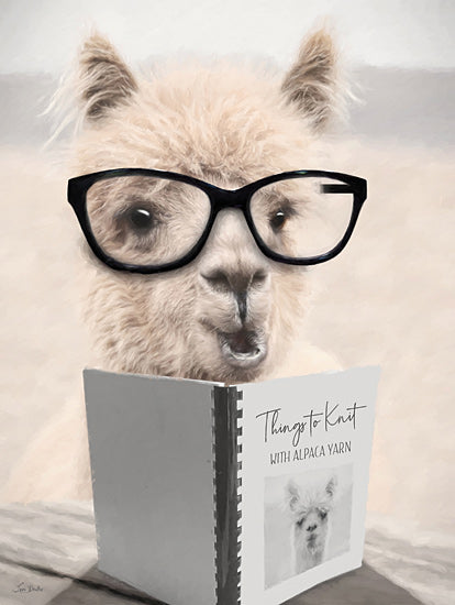 Lori Deiter LD3745 - LD3745 - Things to Knit Alpaca - 12x16 knitting alpaca, glasses-wearing animal, reading book, Things to Knit, yarn lover humor, cute and quirky farm animal, funny alpaca art from Penny Lane