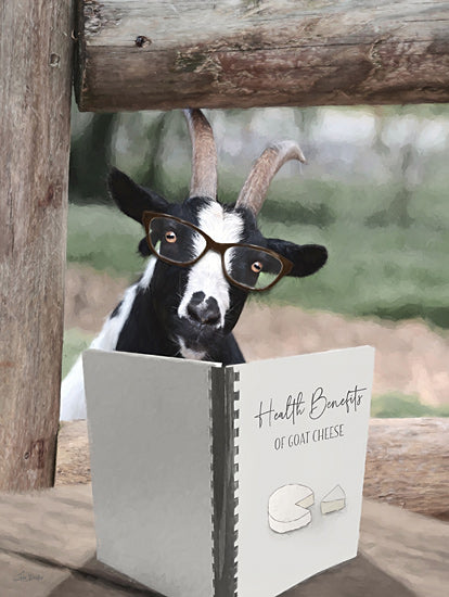 Lori Deiter LD3747 - LD3747 - Health Benefits of Goat Cheese - 12x16 goat with glasses, goat cheese benefits, rustic health humor, farm animal reading, whimsical goat decor, outdoor pastoral scene, humorous dairy art from Penny Lane