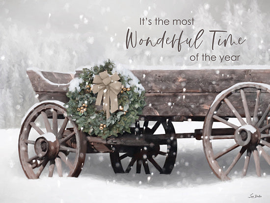 Lori Deiter LD3754 - LD3754 - Wonderful Time of the Year Wagon - 16x12 Christmas wreath, rustic wagon, snowy field, festive decor, vintage wheels, seasonal message, winter decoration, snowflakes, greeting card style from Penny Lane