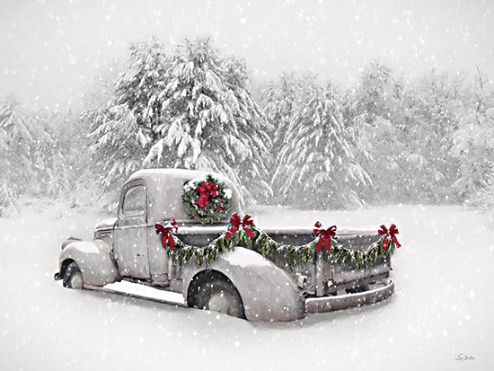 Lori Deiter LD3763 - LD3763 - Snowed In for Christmas - 16x12 vintage truck in snow, Christmas decor, evergreen garland, red ribbon wreath, snowy forest background, holiday season art, winter wonderland from Penny Lane