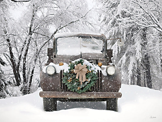 Lori Deiter LD3764 - LD3764 - Vintage Christmas Delivery - 16x12 front view of vintage truck, snowy forest background, holiday wreath, rustic charm, snowfall ambiance, frosty scene, antique vehicle from Penny Lane
