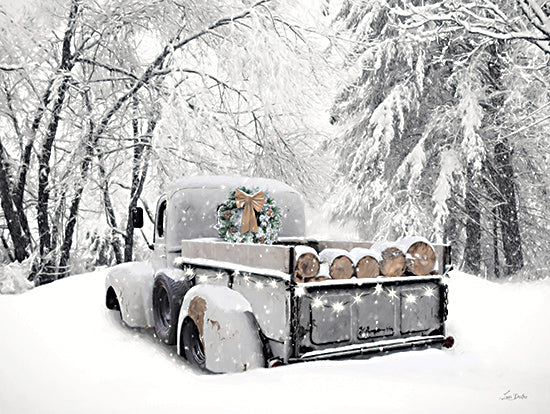 Lori Deiter LD3765 - LD3765 - Yule Logs - 16x12 rustic truck with logs, snow covered forest, winter wreath, woodland path, vintage Christmas decor, cold season artwork from Penny Lane