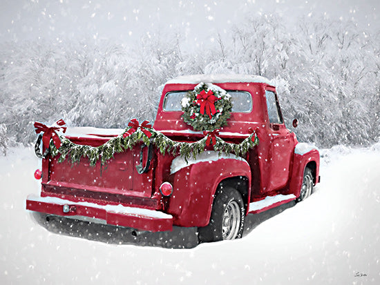 Lori Deiter LD3775 - LD3775 - Holiday Hauler - 16x12 red vintage truck, holiday wreath, snowy background, evergreen garland, rustic Christmas scene, festive farm decor, winter vehicle from Penny Lane